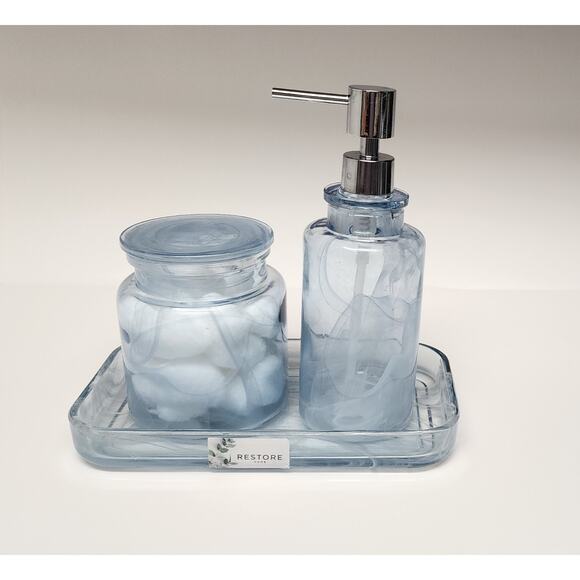 Glass Marble Look Bathroom Essentials 3 Pc Soap Dispenser Set Color Clear Blue - Picture 2 of 8